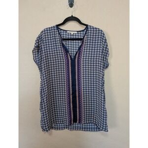 Daniel Rainn Geometric Print V-Neck Short Sleeve Tunic Sz S Blue Purple Boho